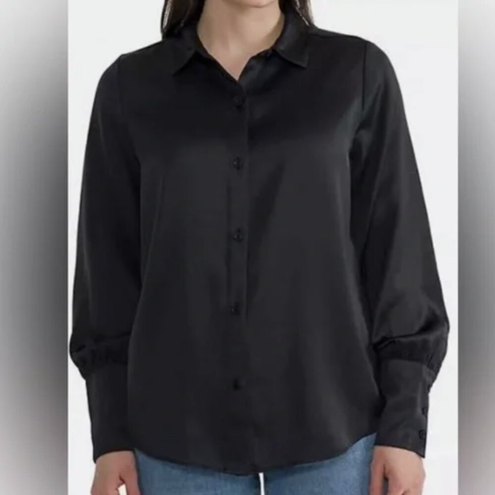 Joie XXL Classic Button Down Shirt Black Satin Long Sleeve